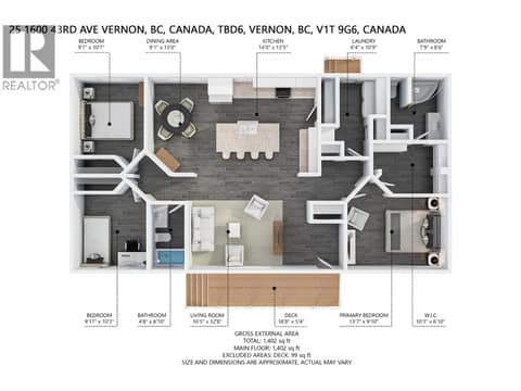 Floorplan with dimensions at 1600 43 Avenue Unit# 25, Harwood, Vernon