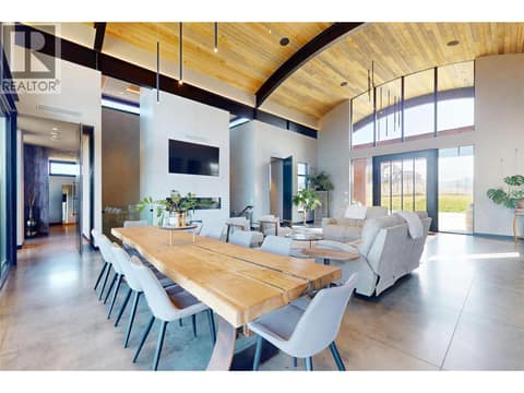Main living space with Hemlock wood barrel-vault ceiling at 4275 Todd Road, South East Kelowna
