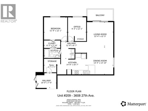 Floor plan unit #209  Balcony is at the N.E. corner of the building at 3608 27 Avenue Unit# 209, City of Vernon
