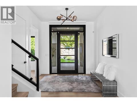 Glass front door (has automated blind) at 1539 Rocky Point Drive, Wilden, Kelowna