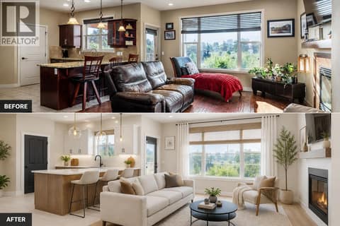 Virtual staging of LR/kitchen at 1377 Glenview Avenue, Glenmore, Kelowna