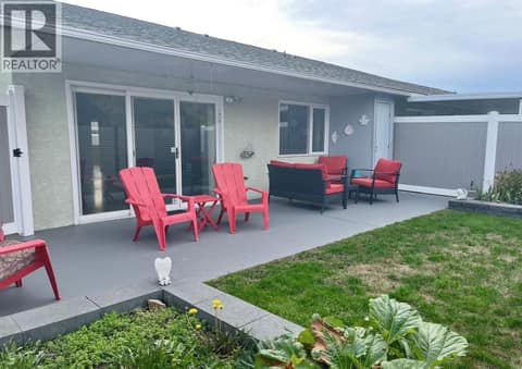 Patio with storage shed in corner at 3900 27 Avenue Unit# 74, Westmount, Vernon